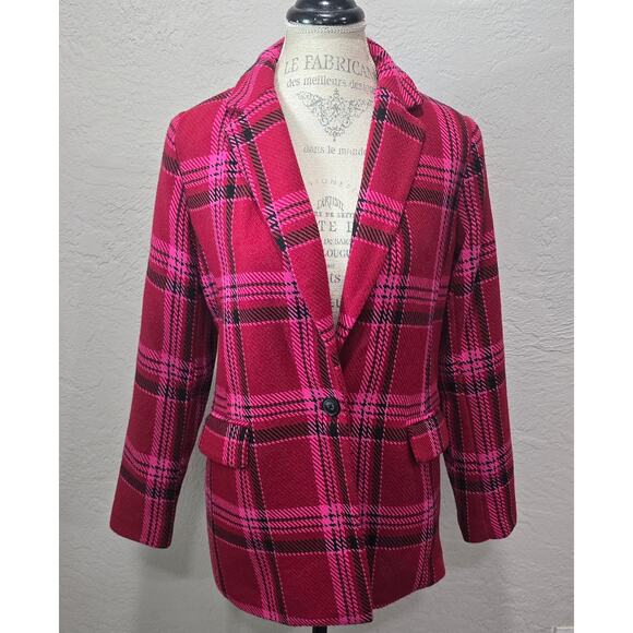 Nine West Red & Pink Plaid Single Button Blazer Jacket - Picture 9 of 9